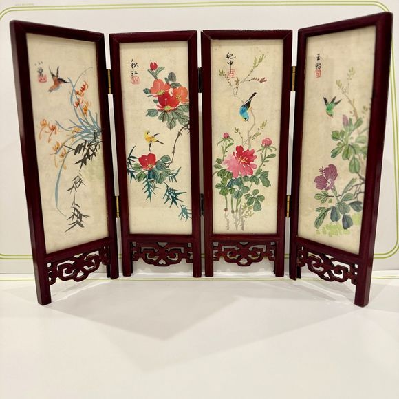 Chinese 4 Panel Screen Hand Painted Silk Lacquer Rose Wood - Signed, VTG, RARE - Picture 7 of 11
